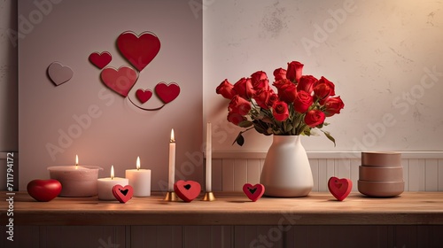 a kitchen table adorned with heart decorations, featuring a close-up of a bouquet of roses and burning candles, capturing the essence of Valentine's Day celebrations in a minimalist modern style.