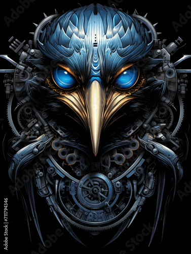 T-shirt design, a depiction of a cybernetic bird, merging the mechanics of modern machinery with the elegance of nature created with Generative Ai