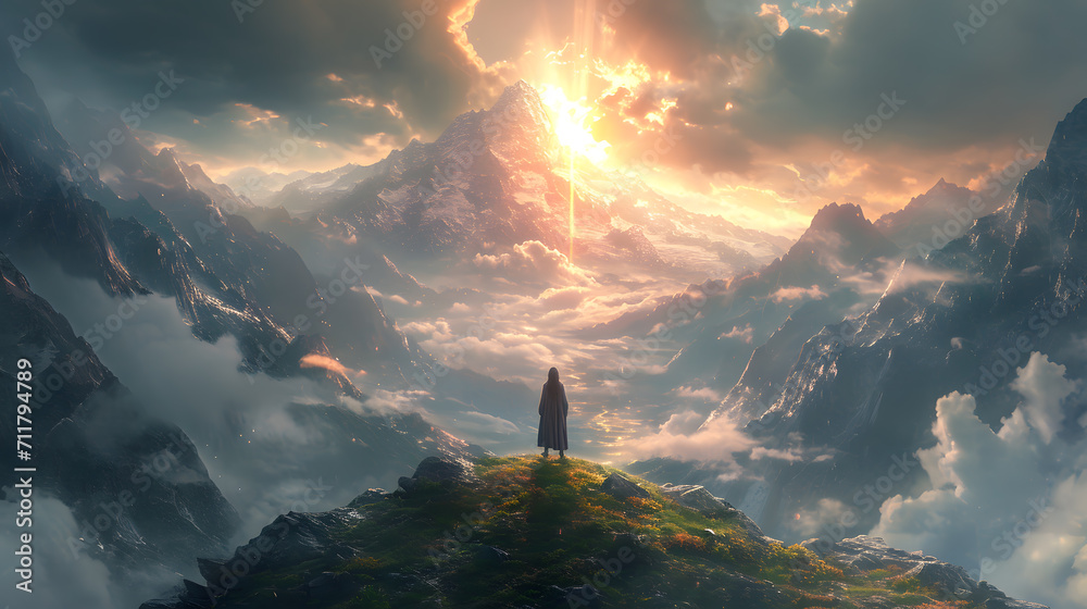 Man standing on top of the mountain looking at the sunset. 3d rendering - obrazy, fototapety, plakaty 