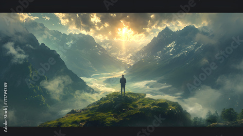 Man standing on top of the mountain looking at the sunset. 3d rendering photo