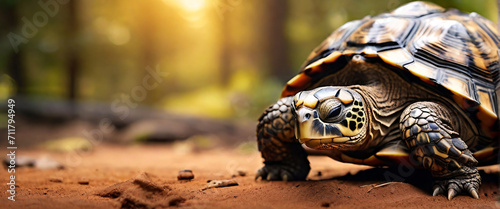 Tortoise dwells on land warm golden light illuminating its earthy brown and black coat, blurred background photo