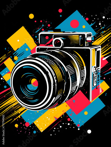 T-shirt design, a dynamic pop art illustration of a camera lens, the vibrant colors and bold halftone dots capturing created with Generative Ai