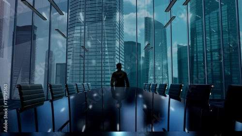 free consultation. Businessman Working in Office among Skyscrapers. Hologram Concept photo