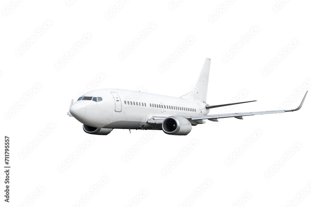 White modern passenger aircraft flies isolated
