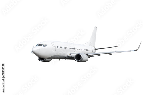 White modern passenger aircraft flies isolated