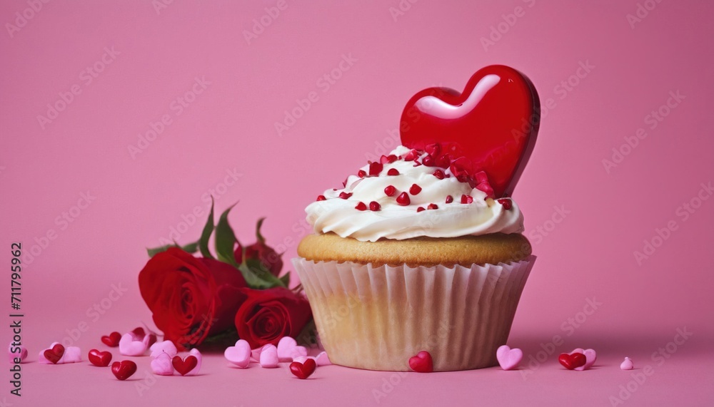 cupcake with hearts next to rose flowers, on a pink background, art image for Valentine's day