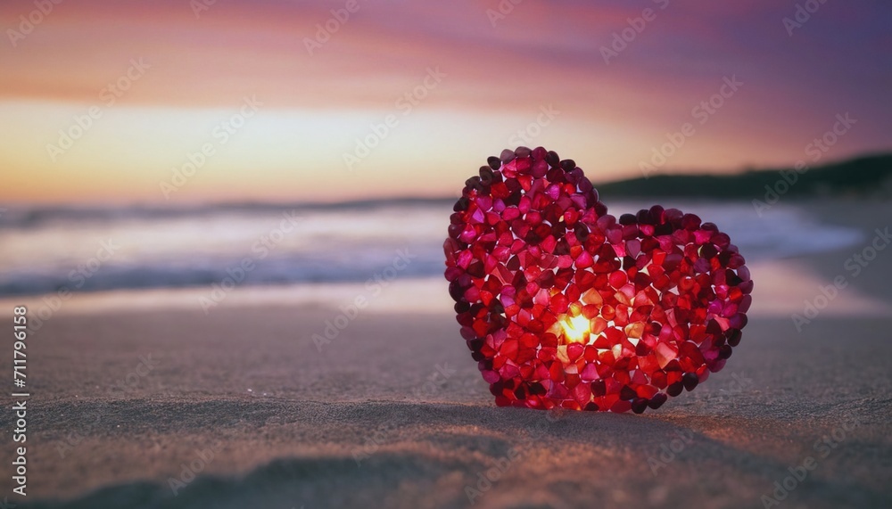 Fototapeta premium valentine's day art, stone heart on the beach, decorative heart on the beach, picture for valentine's day