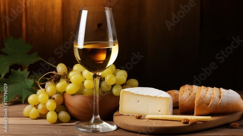 Wineglass with natural white wine, fresh grape vine, cut cheese head and bread on wooden table, close-up, selected focus. photo