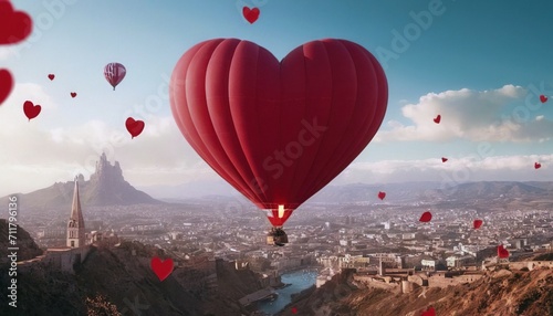 a large heart-shaped balloon, above the city, a heart-shaped balloon in a fabulous place, Valentine's Day