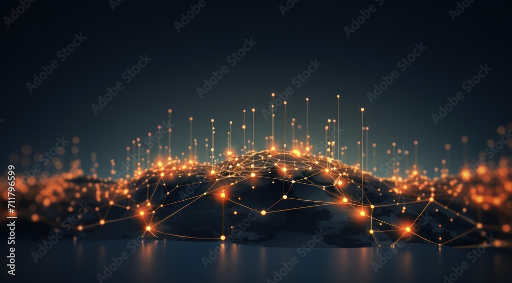 Analyse des réseaux sociaux, planète terre avec connexions et réseau d'énergie, lumières éclatantes