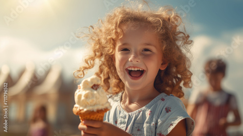 Fototapeta Naklejka Na Ścianę i Meble -  Closeup up portrait of a curly little girl eating an ice cream in a sunny summer day against the city park street