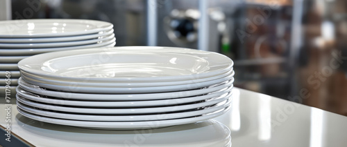 Closeup clean plates stack on a table ready for use