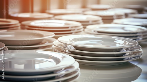 Closeup clean plates stack on a table ready for use photo