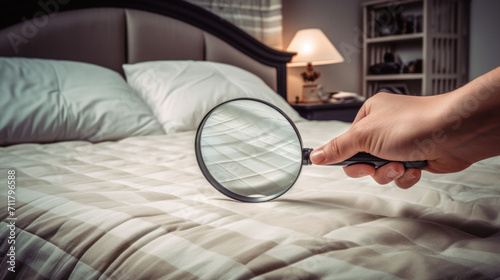 Closeup woman hand holding magnifying glass for checking bed mattress in a bedroom photo