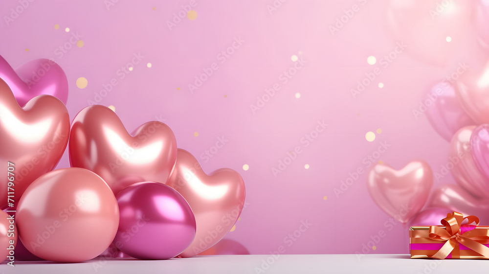 Happy valentines, 3D wallpaper decorated with elegant red roses with light pink, red, and white hearts with some gifts and balloons, copy space
