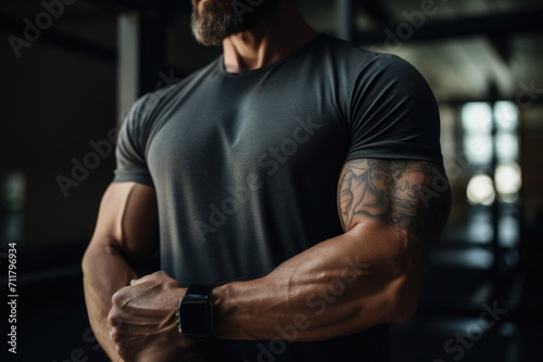Close-up of a muscular man with tattoos adjusting his smartwatch.