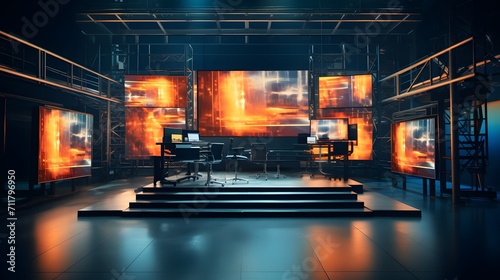 TV studio set in preparation. Large scale monitors. photo