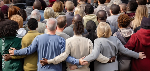 Behind view of group of diverse people holding and embracing each other photo