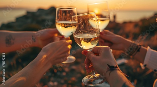 A clique of female friends cheers with glasses of Chardonnay at sunset. Close-up.