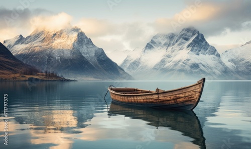 Small wooden boat on the surface of the beautiful lake in amazing mountain landscape