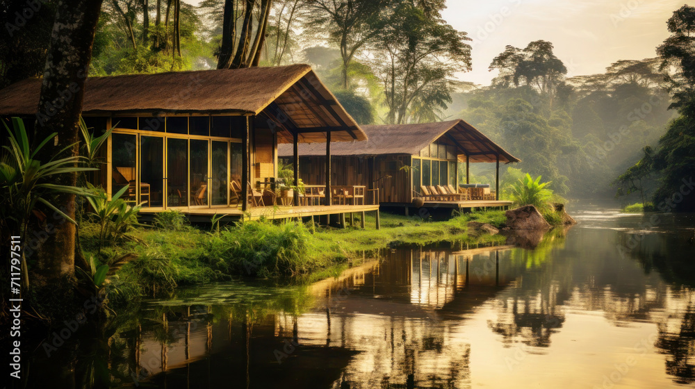 Eco-houses with outdoor terraces by the river, among the tropical forest, for quiet rest and relaxation