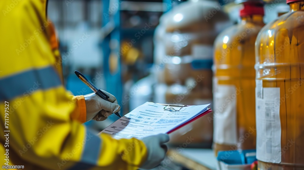 An employee is inspecting the toxic substance data sheet in the chemical storage area at the manufacturing site. Industrial safety measures in progress. Focused shot. - obrazy, fototapety, plakaty 