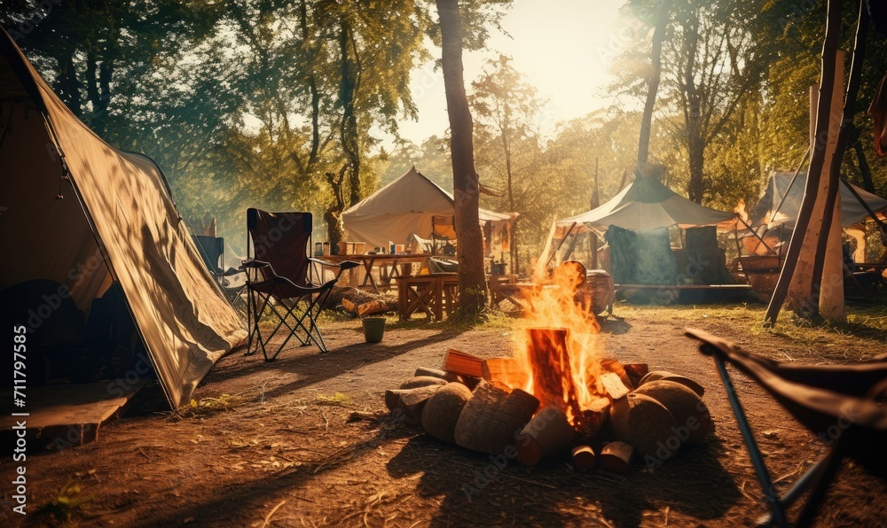 Close up photo of amazing fire pit near the tent in the forest. Camping theme. - obrazy, fototapety, plakaty 