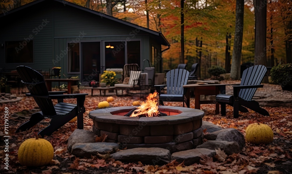 close-up photo of a stacked stone firepit with firewood and flames. Beautiful autumn landscape. close-up photo of a stacked stone firepit with firewood and flames. Beautiful autumn landscape.