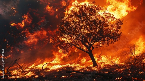 A blazing tree engulfed in flames  causing a destructive forest fire that threatens roads and endangers drivers and passengers.