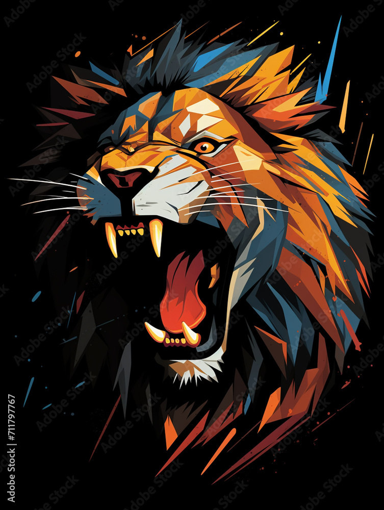 T-shirt design, a modern, abstract representation of a roaring lion created with Generative Ai