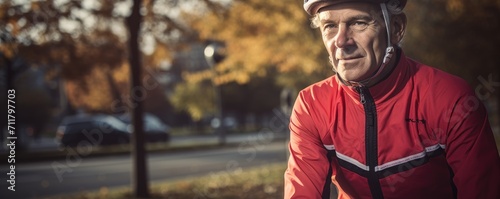Man cyclist wearing cycling helmet in the city park background.