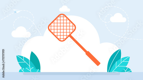 Flyswatter. Fly swatter insect killer destroy plastic tool with handle. Fly swatter flat icon. Pest exterminator flapper flying bug swat aggressive. Isolated on a white background. Vector illustration