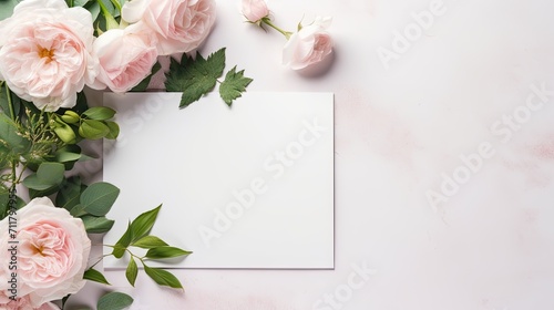 wedding or birthday stationery mock-up scene with a blank paper greeting card and a bouquet of green leaves, blush pink English roses, and ranunculus flowers. © pvl0707