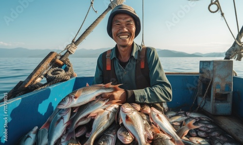 Happy asian fisherman with a lot of fishes on a fishing boat photo