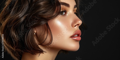 Gorgeous female with golden earring and bob haircut, flawless facial features and makeup, and alluring side view.