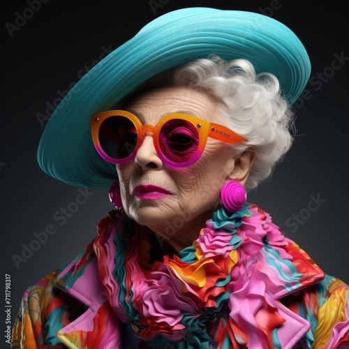 a elderly Woman model in colorful glasses, in the style of pop art influence