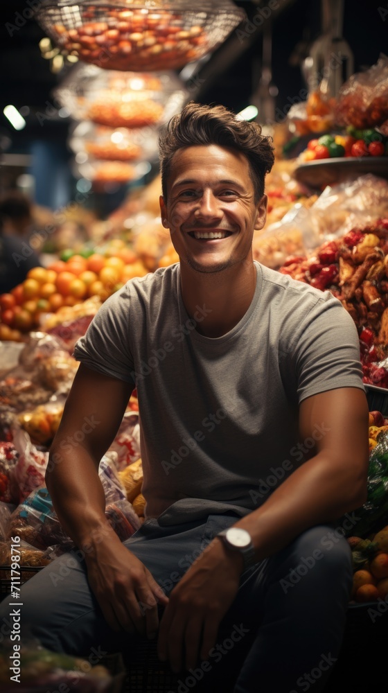 A cheerful man sits in front of a vibrant fruit and vegetable stand, showcasing fresh produce with confidence. Generative AI.