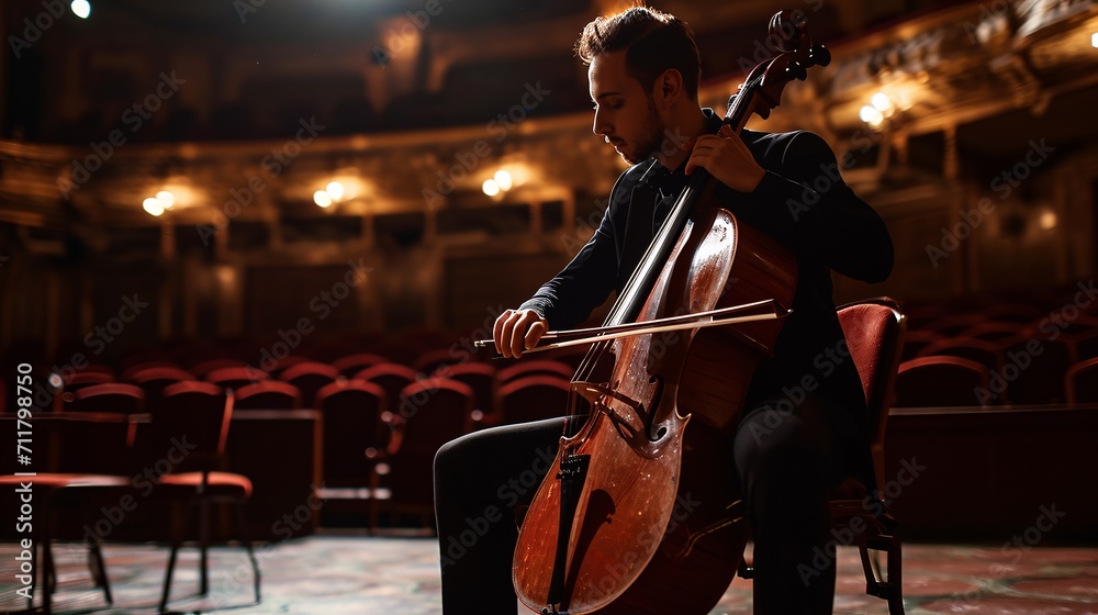 Ethereal footage of a Male Cellist Performing a Cello Solo on a Vacant Traditional Theatre Platform with Intense Illumination. Skilled Musician Practicing Prior to a Major Performance with Symphony. - obrazy, fototapety, plakaty 