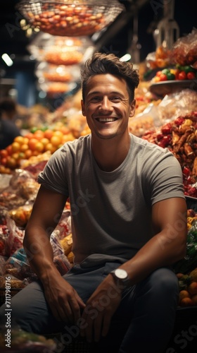 A cheerful man sits in front of a vibrant fruit and vegetable stand  showcasing fresh produce with confidence. Generative AI.