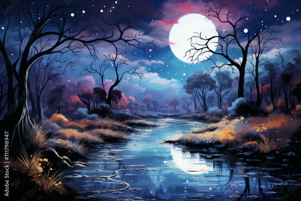 Tranquil moonlit ponds, reflecting the serenity of the night sky - Generative AI Tranquil moonlit ponds, reflecting the serenity of the night sky - Generative AI