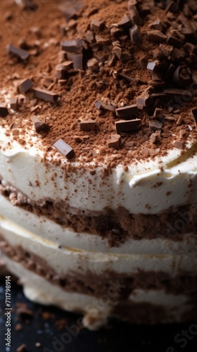 A decadent vanilla cream dessert layered with rich chocolate, dusted with cocoa powder. Close-up view that will make you crave dessert. Generative AI.