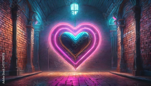 neon heart with a glow on the background of a dark brick wall neon sign pink and blue created with generativetechnology