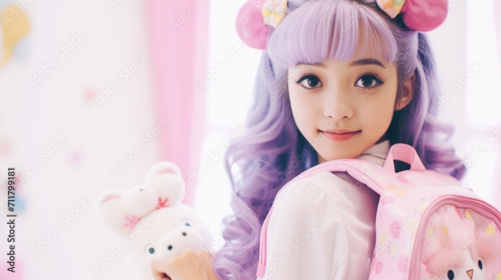 Fototapeta premium A girl with purple hair holding a pink backpack. Generative AI.