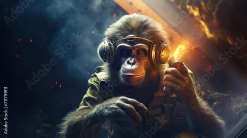 A cool monkey in headphones holds a fiery flame, creating a unique and captivating image. Generative AI. photo