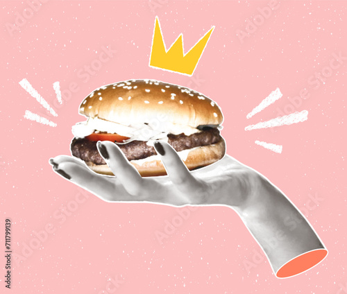 A woman's hand holds a big burger with a crown. Modern pop art illustration of fast food with halftone effect in retro collage style.
