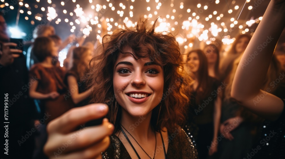 A woman smiling while holding sparklers in front of her. Generative AI.