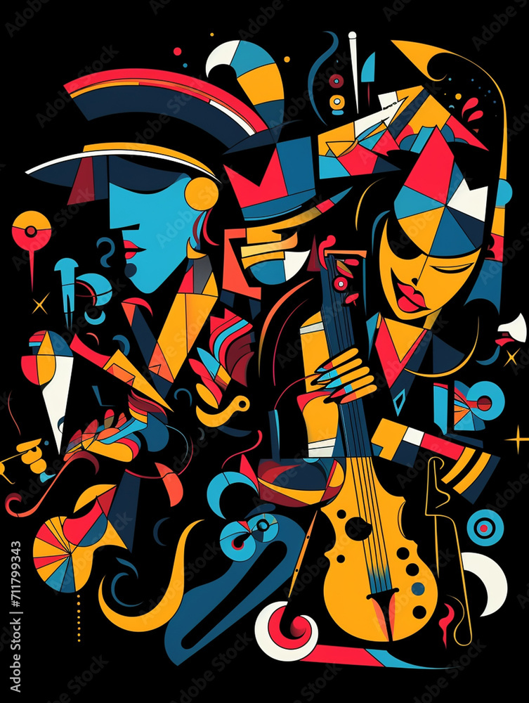 T-shirt design, a highly stylized jazz band in full swing, captured in the vibrant created with Generative Ai