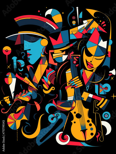 T-shirt design  a highly stylized jazz band in full swing  captured in the vibrant created with Generative Ai