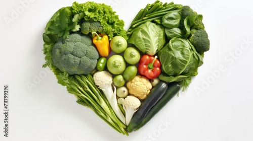 Heart shaped vegetables on white background. Generative AI.
