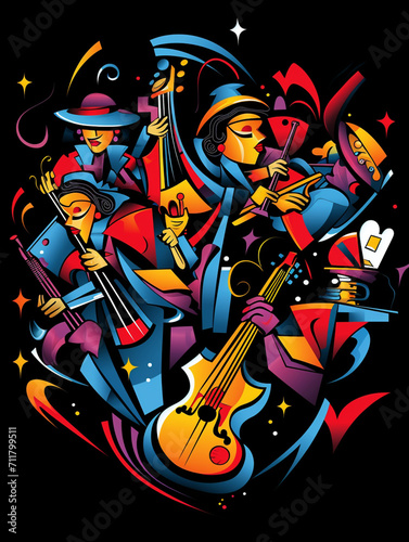 T-shirt design, a highly stylized jazz band in full swing, captured in the vibrant created with Generative Ai